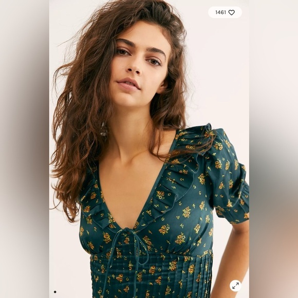 Free People Isabella Silky Floral Blouse in Jewel Forest Ruffle Detail - Picture 2 of 11